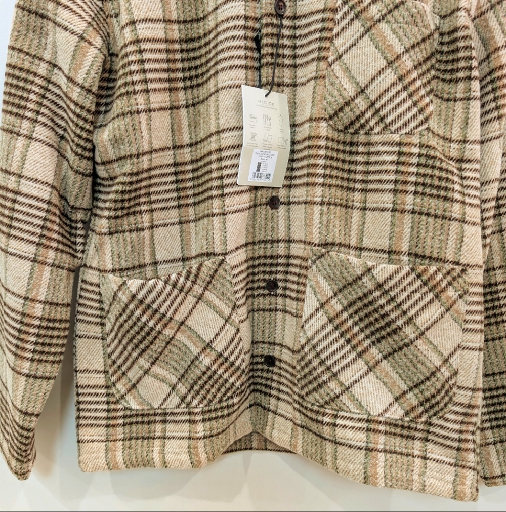 METHOD | Men's Beige/Green Plaid Cuppar 3 Pocket Button Up Shirt Jacket - Picture 3 of 5